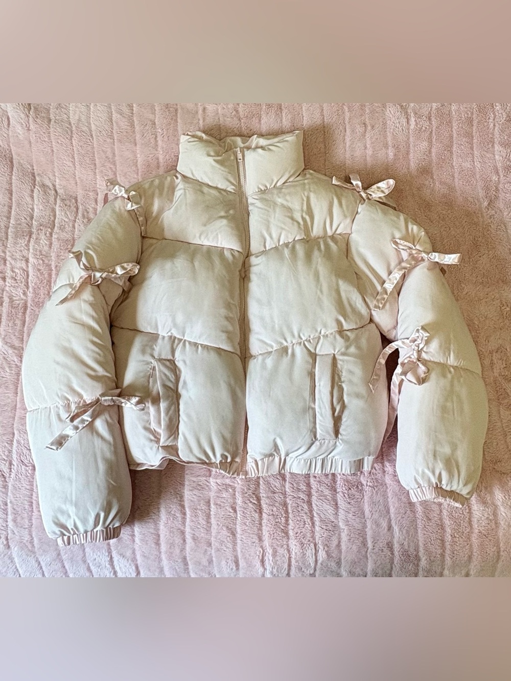 Madden Girl Bow Trim Puffer Jacket Pink Coquette Cropped Coat Size S